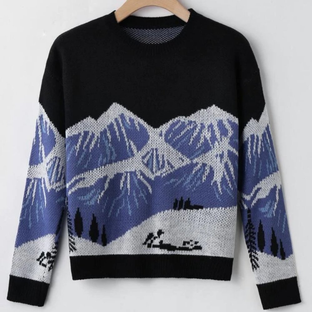 Snow Mountain Pattern Drop Shoulder Sweater Sz M New